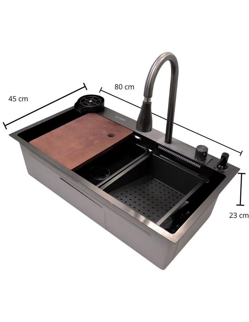 Tarja Doble CNX TS7545-2N de Acero Inoxidable 80x45 cm con Escurridor Izquierdo, Mezcladora Cuello Pull, Dispensador, Limpia Vasos y Más – Empotrable Negro Mate