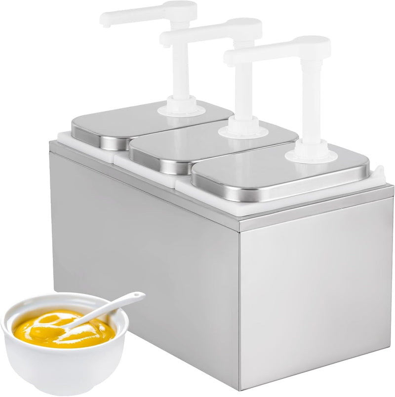 Dispensador de Salsas o Aderezos Triple 3x2L AROL con Bombas y Tapa Inoxidable