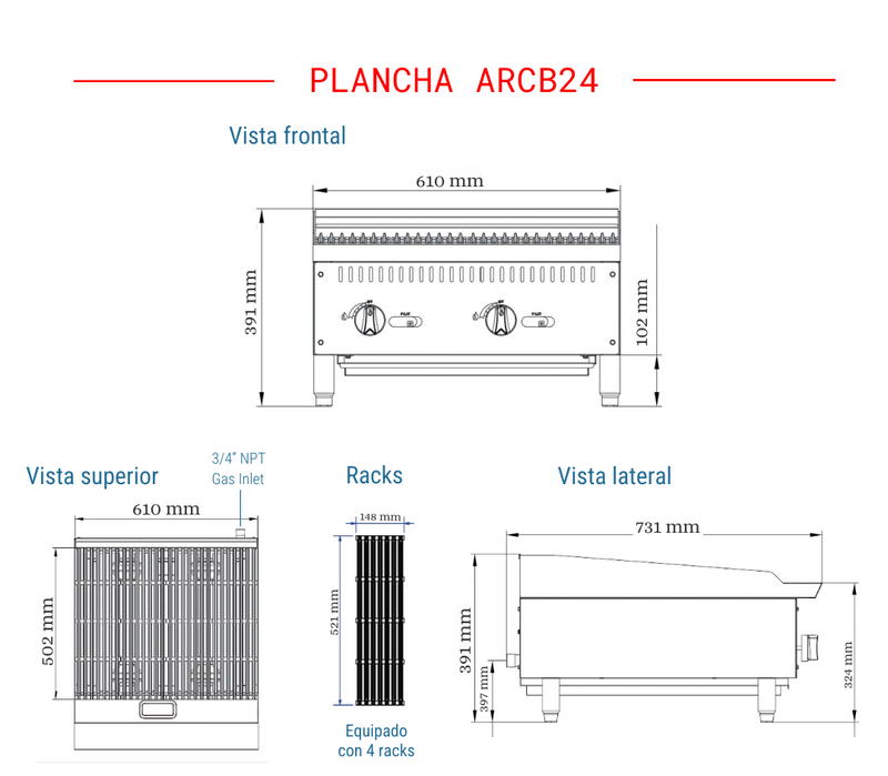 Asador 24” 2 Quemadores Gas LP Modelo ARCB24 AROL