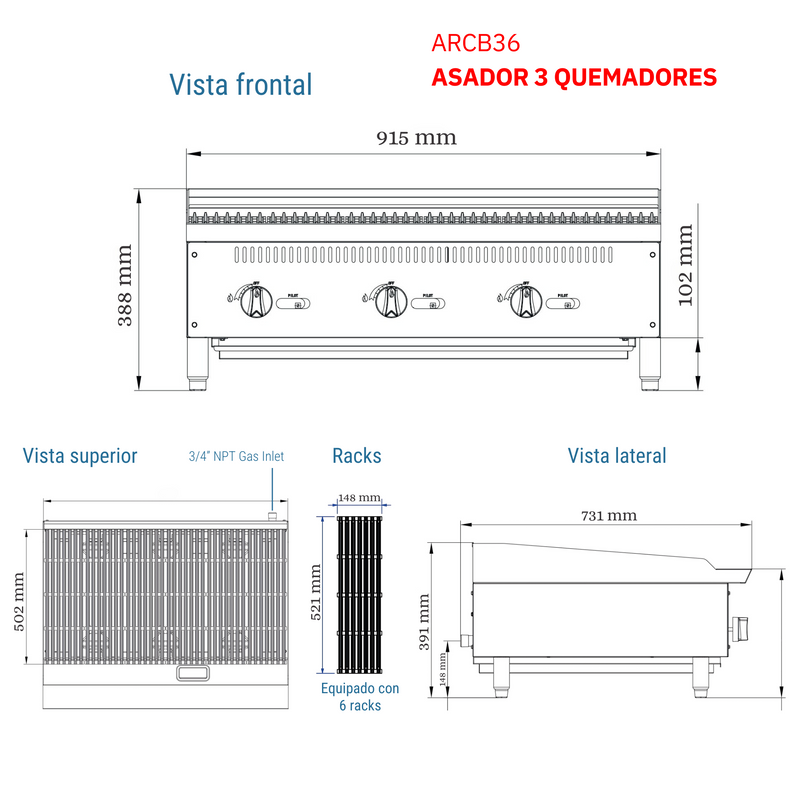 Asador 36” 3 Quemadores Gas LP Modelo ARCB36 AROL