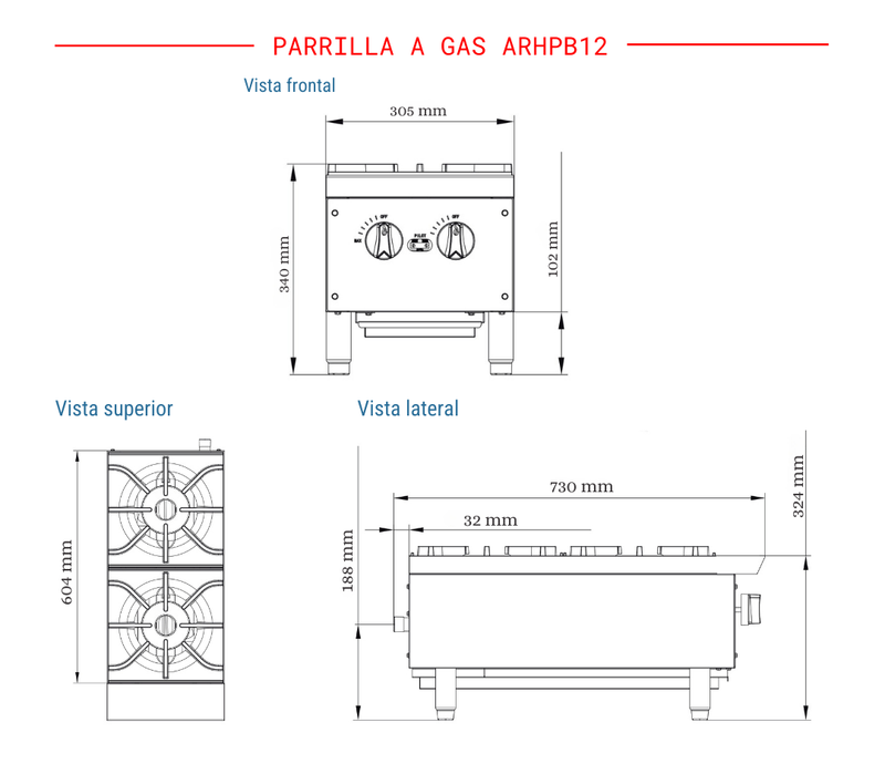 Parrilla Industrial 2 Quemadores 12" Modelo ARHPB12 AROL