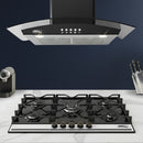 Combo Parrilla Empotrable 5 Quemadores Bitono Vidrio Negro y Campana Extractora 90 cm Vidrio Curvo Negro Mate AROL Modelos P-CN5Q87 y C-BL2F90
