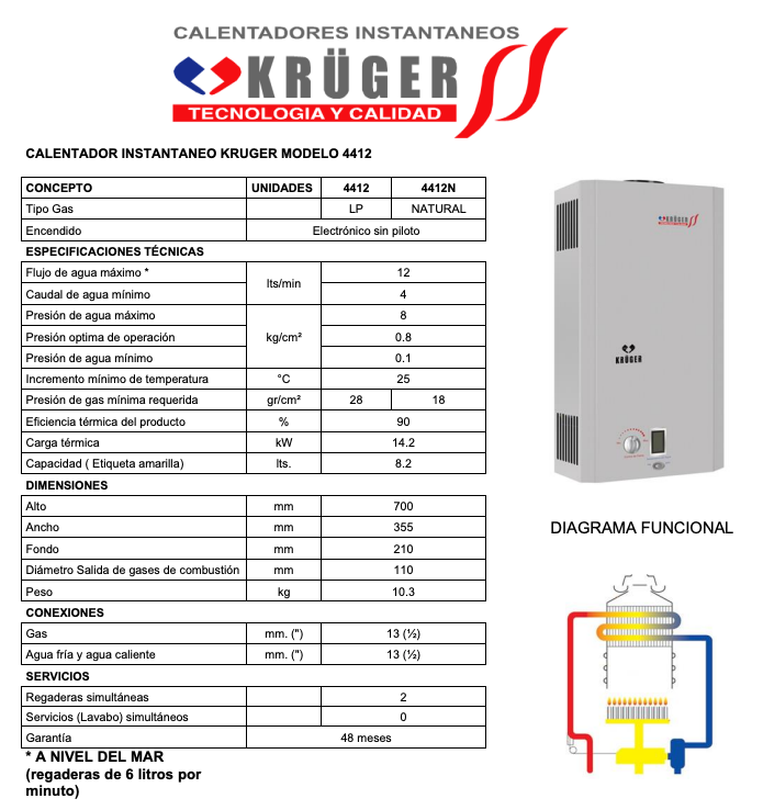 Boiler Paso Kruguer 12 Lts 4412 Lp