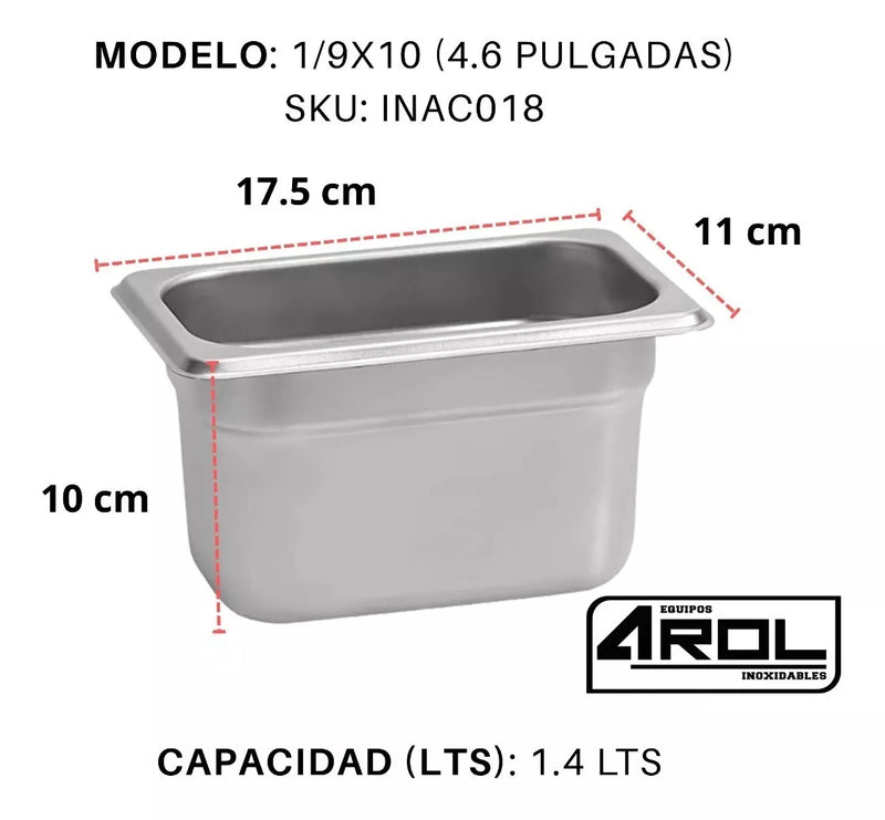 Inserto Contenedor Acero Inoxidable NOVENO 1/9x10 Cm 17.5x11x10 AROL NSF, 1.84L – Pack de 6