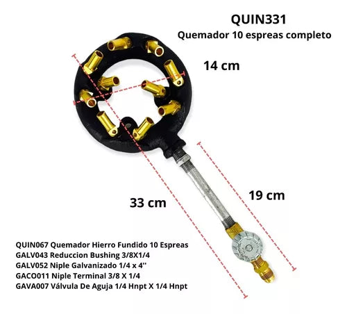 Quemador De Gas Alta Presión 10 Espreas 14 Cm Completo Arol