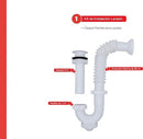 Kit Completo para Instalación de Lavabo, Incluye 2x Mangueras, 2x Válvulas, 1x Cinta, 1x Empaque y 1x Trampa
