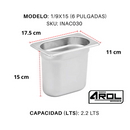 Inserto Contenedor Acero Inoxidable Con Tapa 1/9x15 cm AROL NSF