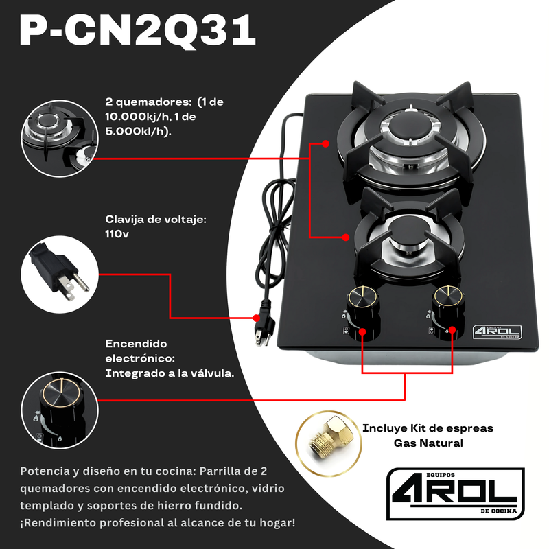 Parrilla a Gas 2 Quemadores, 1 cm Vidrio Templado, Empotrable, Caja Negra P-CN2Q31
