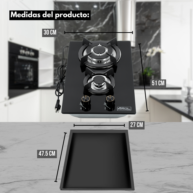Parrilla a Gas 2 Quemadores, 1 cm Vidrio Templado, Empotrable, Caja Negra P-CN2Q31