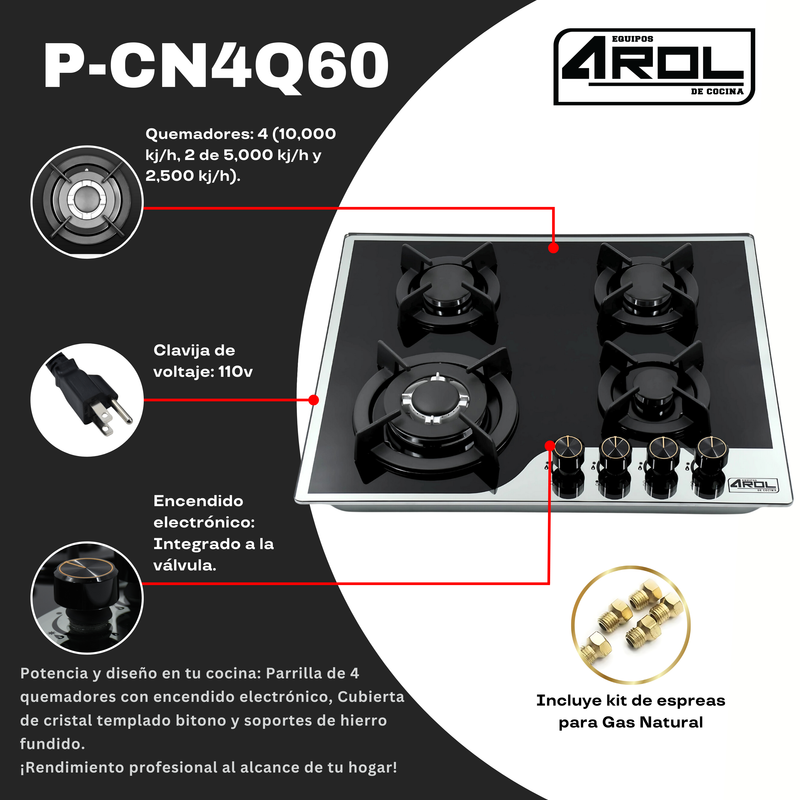 Parrilla 4 Quemadores a Gas, Empotrable 60cm P-CN4Q60 (V2)