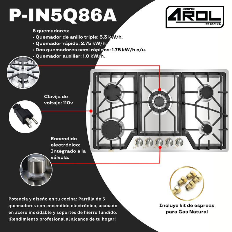 Parrilla de Gas 5 Quemadores, Acero Inoxidable, Empotrable, 90 cm, P-IN5Q86A