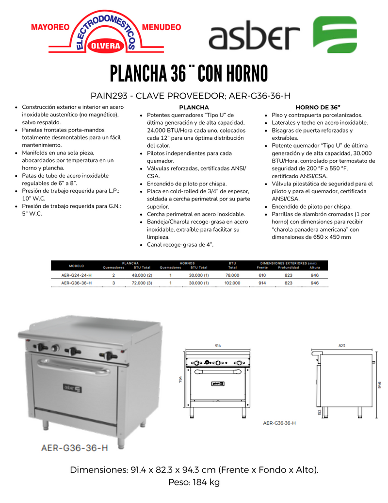 Plancha 36¨ Con Horno Asber AER-G36-36-H