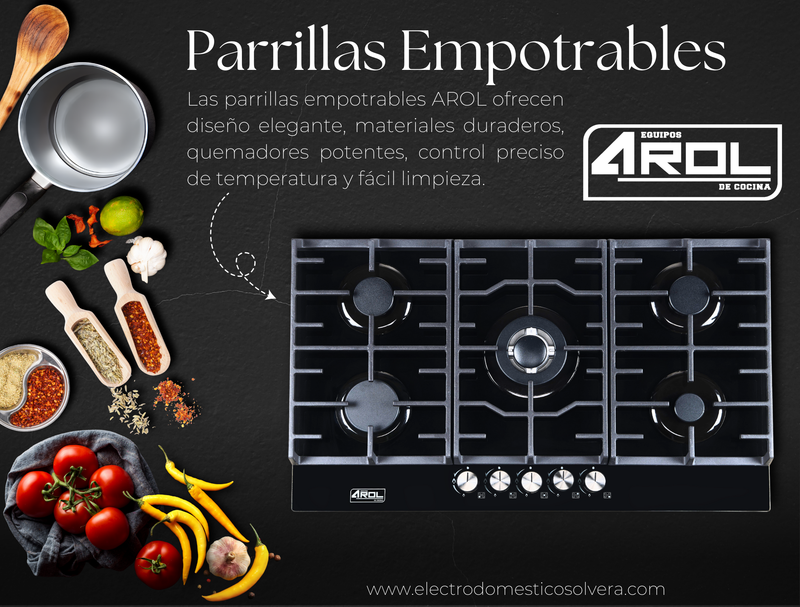 Parrilla de Gas de 5 Quemadores, Vidrio Templado, Empotrable, 87cm, AROL P-CN5Q87B