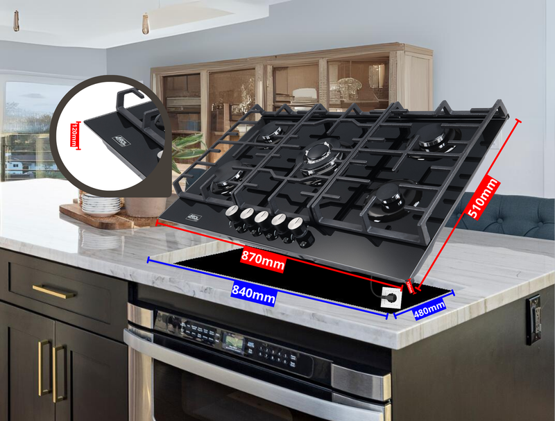 Parrilla de Gas de 5 Quemadores, Vidrio Templado, Empotrable, 87cm, AROL P-CN5Q87B