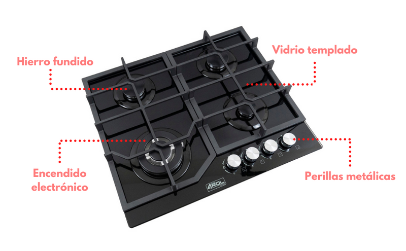 Parrilla de Gas 4 Quemadores Vidrio Templado Empotrable de 59cm Arol P-CN4Q59 - Electrodomesticos Olvera