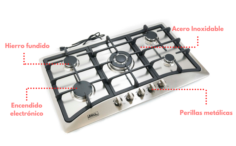 Parrilla de Gas 5 Quemadores de Acero Inoxidable Empotrable 86cm Arol P-IN5Q86 - Electrodomesticos Olvera