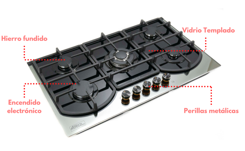 Combo Parrilla 5 Quemadores Vidrio Templado P-CN5Q87 y Campana Extractora Tulipan - Electrodomesticos Olvera