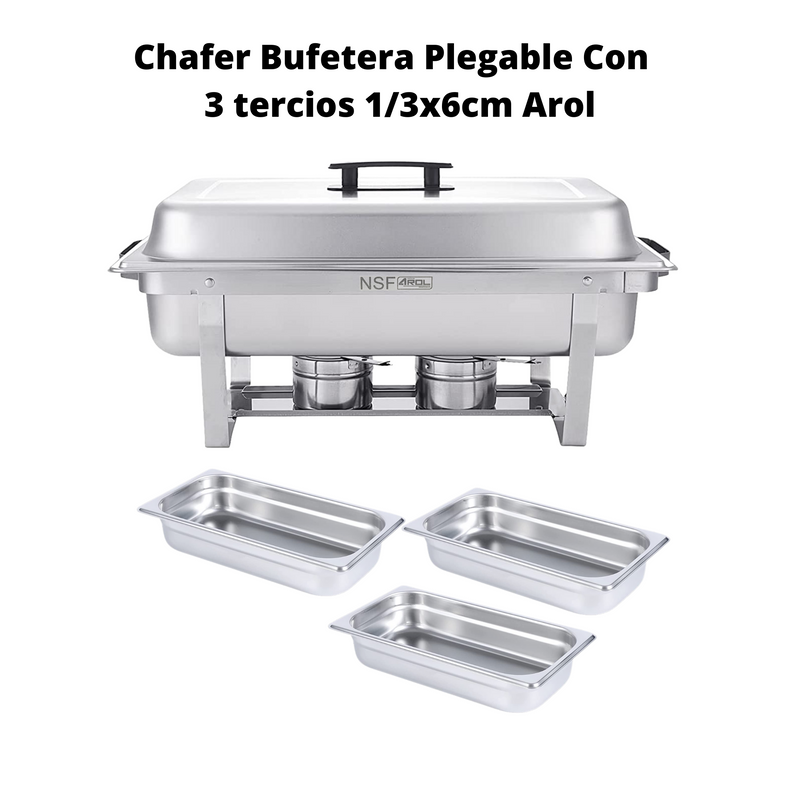 Chafer Bufetera Plegable Completo con Certificación NSF y 3 Insertos 1/3 x 6 cm