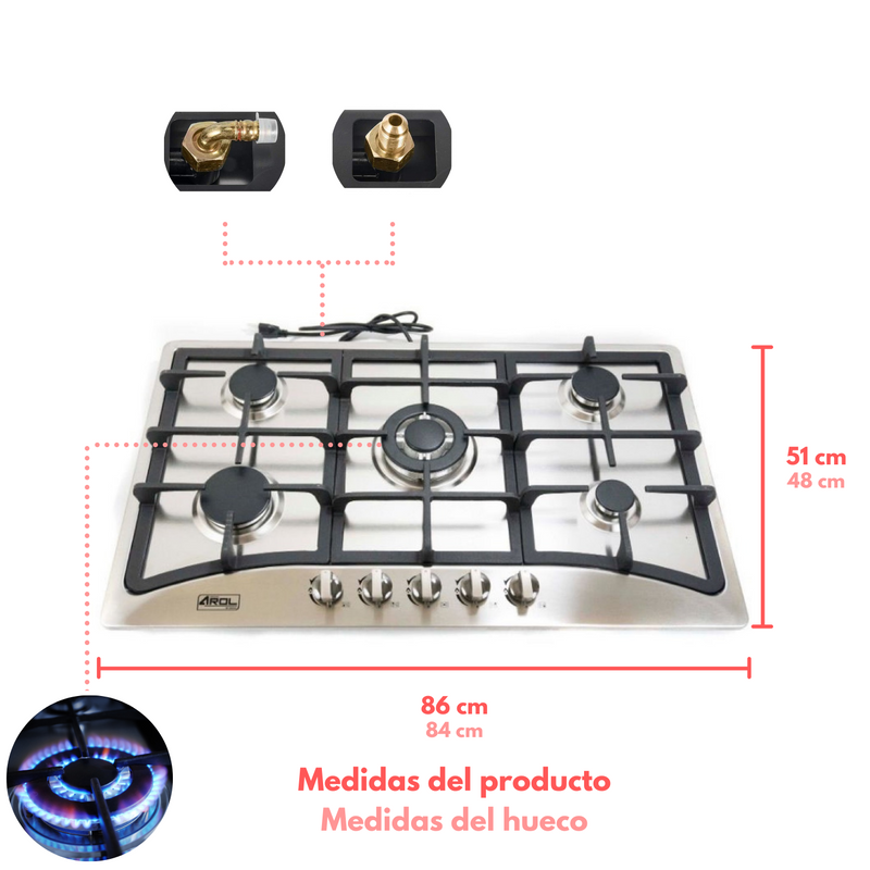 Parrilla de Gas 5 Quemadores de Acero Inoxidable Empotrable 86cm Arol P-IN5Q86 - Electrodomesticos Olvera