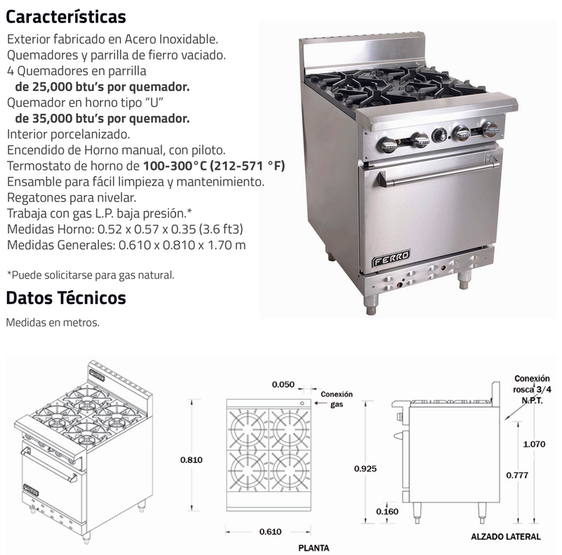 Estufa 4 Quemadores Con Horno Fr-4 Ferro