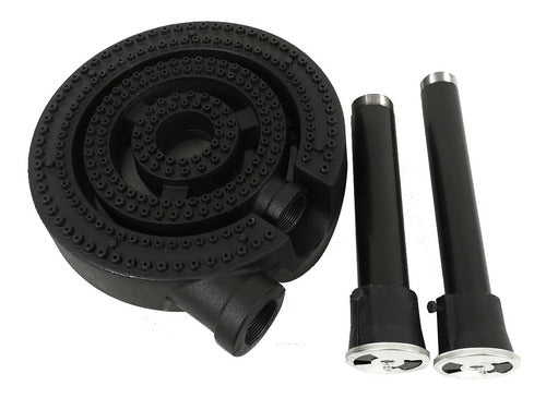 Quemador Triple Vulcan Largo 60 cm con Tubos y Ventilas, AROL, Hierro Fundido para Estufones