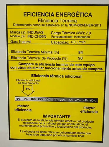 Calentador De Agua A Gas Gn Indugas Ind-ch06 Blanco